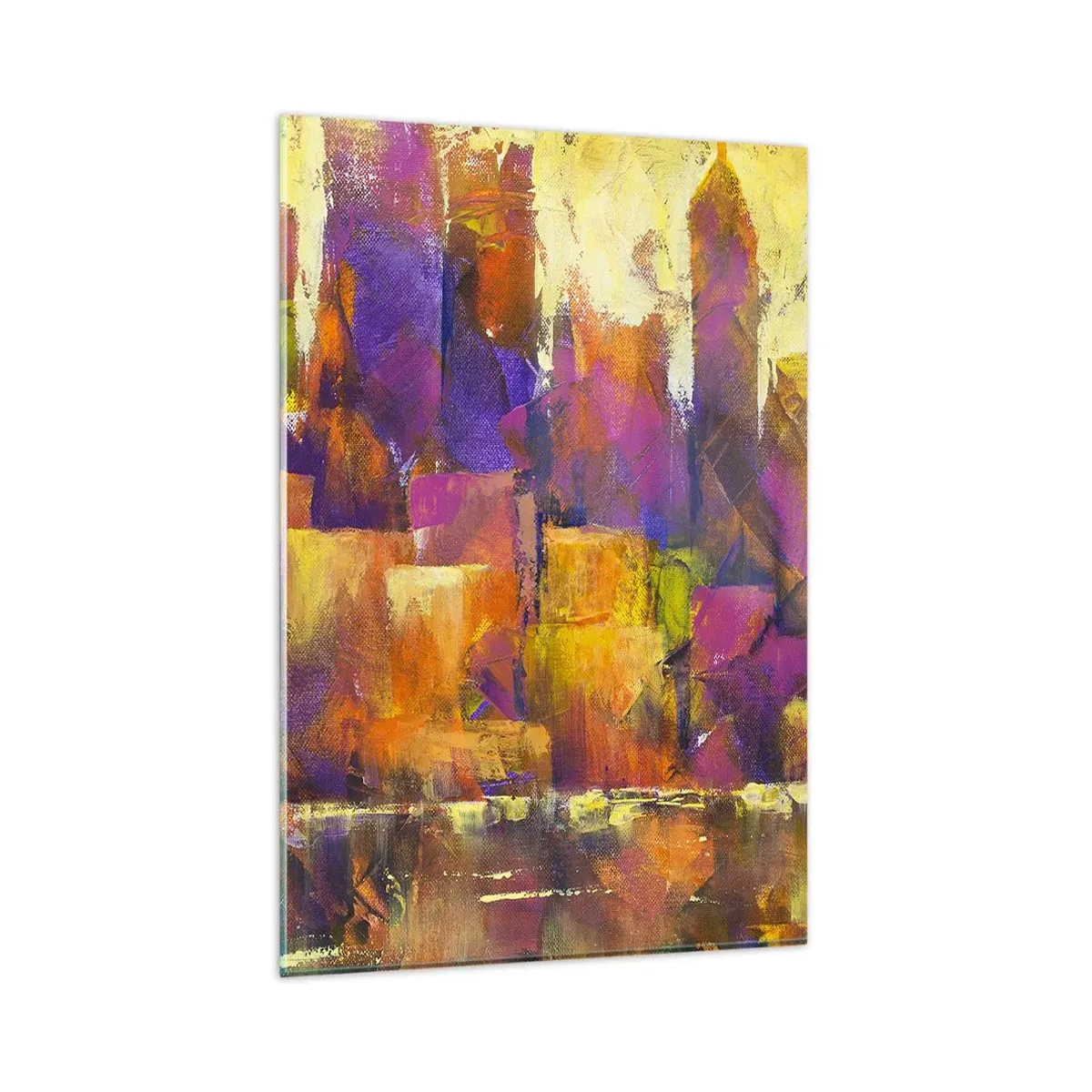 Glasbild - Bild auf glas - Abstrakte Komposition einer Metropole in Gelb- und Lilatönen - 80x120cm - Metropolitische Komposition - Moderne Wanddekoration für Wohnzimmer und Schlafzimmer ARTTOR