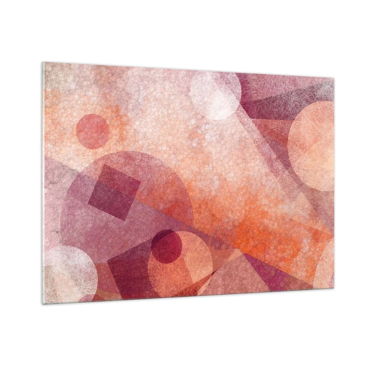 Glasbild - Bild auf glas - Abstrakte geometrische Komposition in Rosa- und Orangetönen - 100x70cm - Geometrische Transformationen in Pink - Moderne Wanddekoration für Wohnzimmer und Schlafzimmer ARTTOR