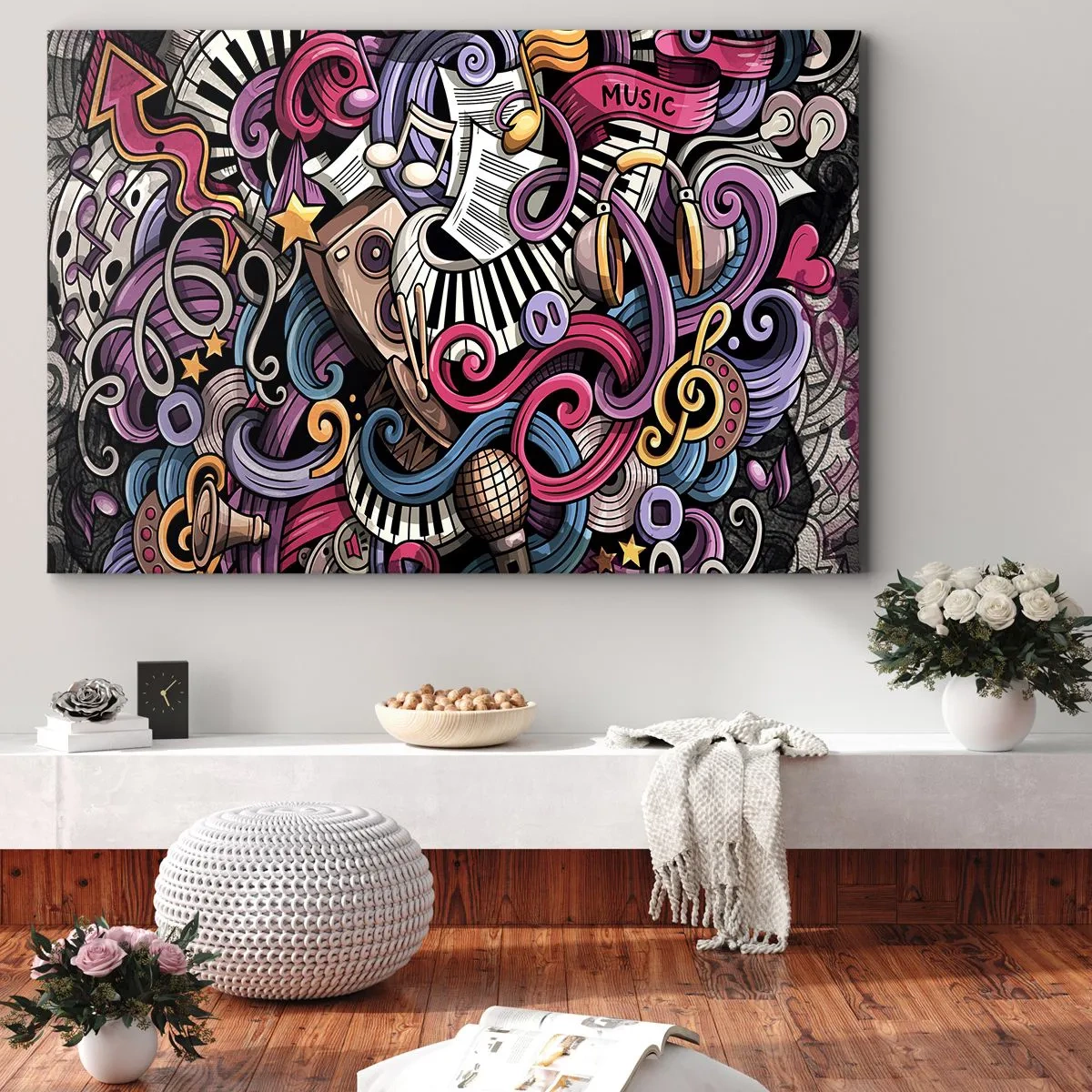 Bild auf Leinwand - Leinwandbild - Eine musikalische Abstraktion voller farbenfroher Instrumente und Noten. - 100x70cm - Komplizierte Melodie - Moderne Wanddekoration für Wohnzimmer und Schlafzimmer ARTTOR