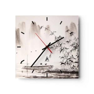 Wanduhr - Glasuhr - Eine minimalistische Landschaft im orientalischen Stil - 30x30cm - Die Stille der Reisfelder - Moderne Wanddekoration für Wohnzimmer und Schlafzimmer ARTTOR