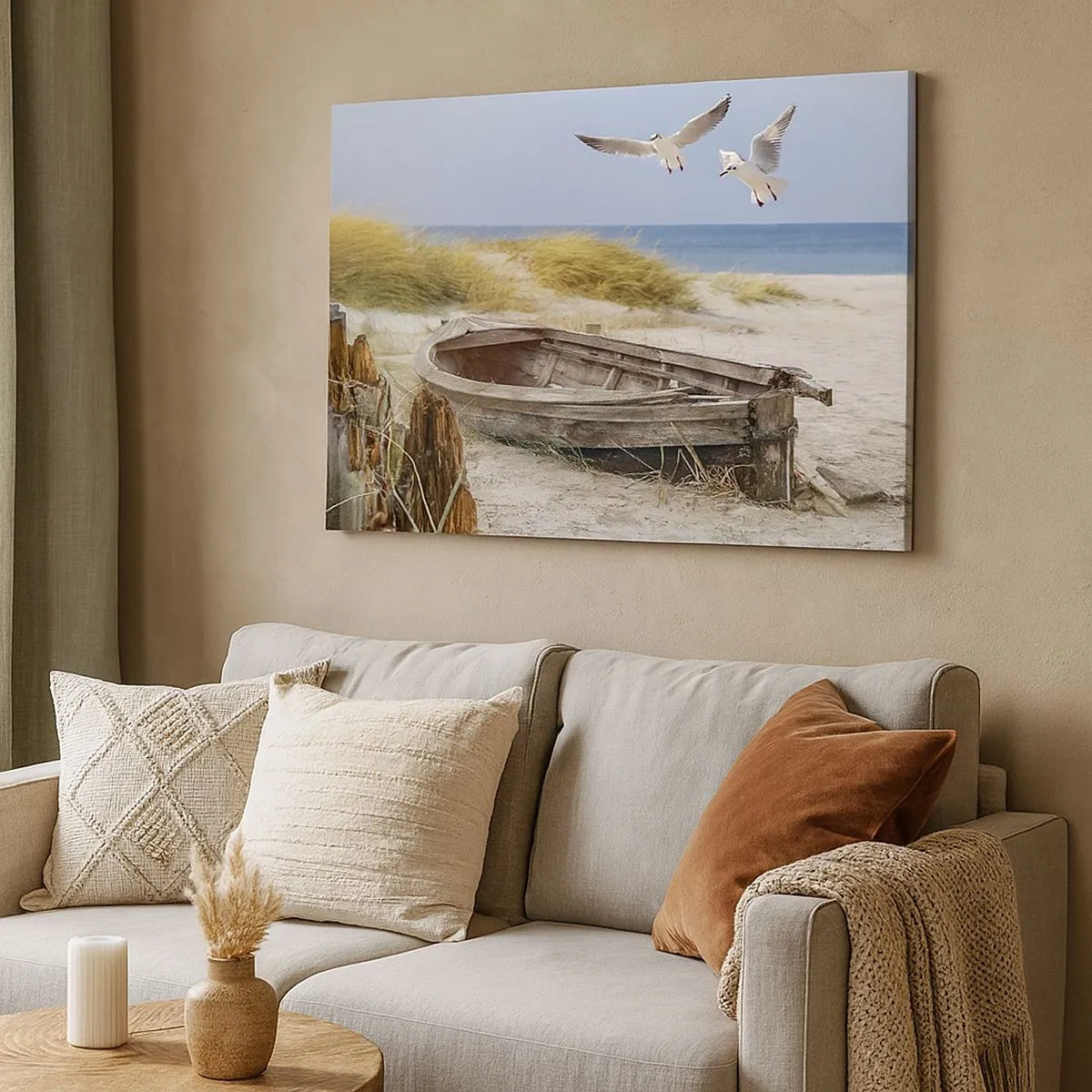 Bild auf Leinwand - Leinwandbild - Verlassenes Boot an einem Strand mit Möwen - 70x50cm - In Wind gebadet - Moderne Wanddekoration für Wohnzimmer und Schlafzimmer ARTTOR