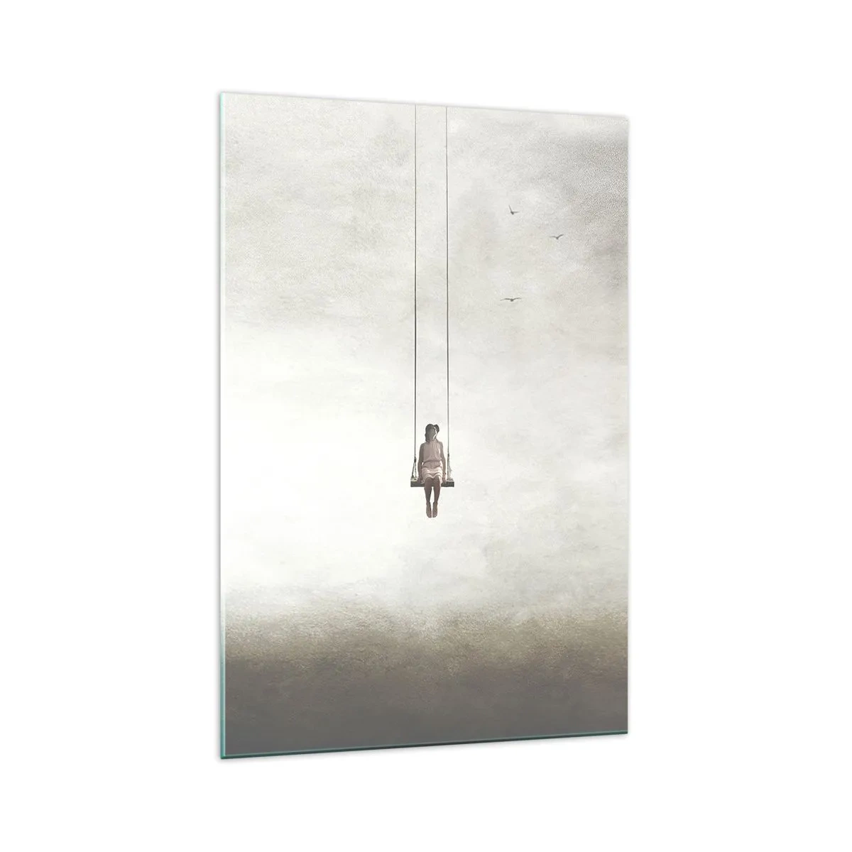 Glasbild - Bild auf glas - Eine Figur auf einer Schaukel, die im Raum schwebt - 70x100cm - Ein Kind in uns - Moderne Wanddekoration für Wohnzimmer und Schlafzimmer ARTTOR