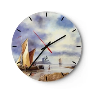 Wanduhr - Glasuhr - Segelboote auf ruhigem Wasser mit Blick auf eine Windmühle - 30x30cm - Die Rückkehr der Seeleute - Moderne Wanddekoration für Wohnzimmer, Küche und Schlafzimmer ARTTOR