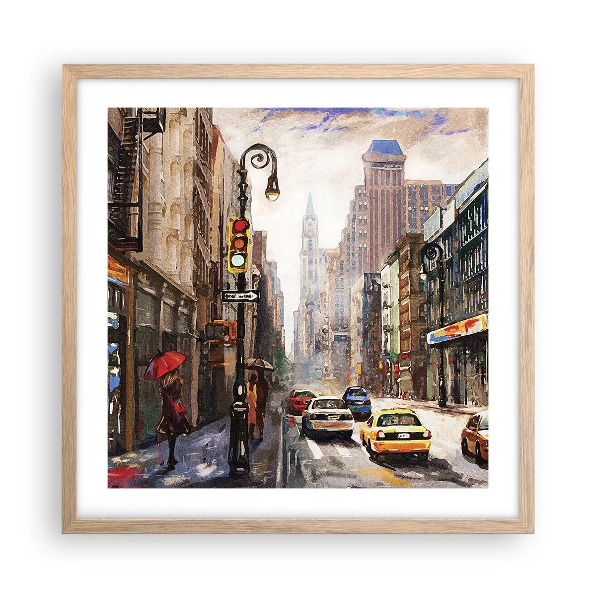 Poster in einem Rahmen aus heller Eiche - New York - auch im Regen bunt - 50x50 cm