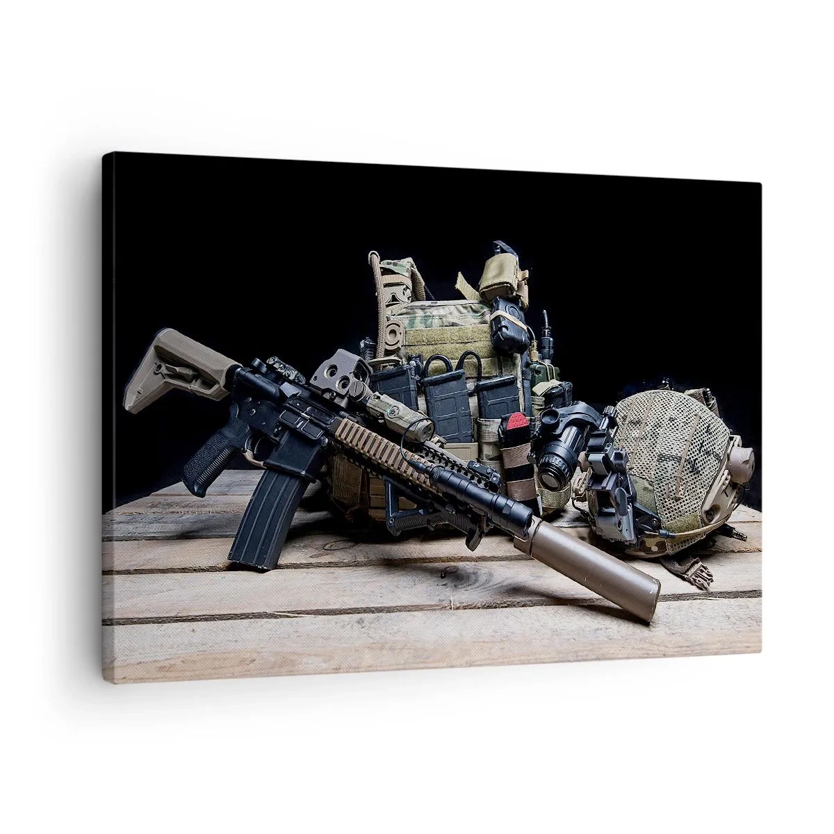 Bild auf Leinwand - Leinwandbild - Taktische Ausrüstung mit einem Gewehr auf einem Holztisch - 70x50cm - Sich ausruhen! - Moderne Wanddekoration für Wohnzimmer und Schlafzimmer ARTTOR