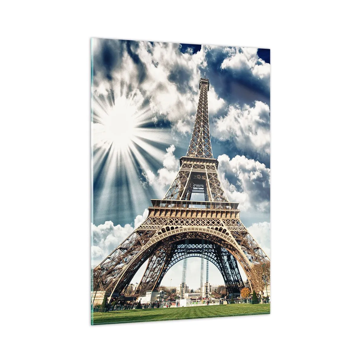 Glasbild - Bild auf glas - Der Eiffelturm vor einem strahlenden Himmel - 50x70cm - Die Einzige unter der Sonne - Moderne Wanddekoration für Wohnzimmer und Schlafzimmer ARTTOR