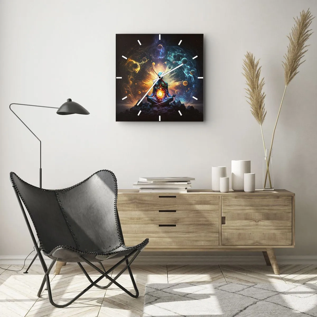 Wanduhr - Glasuhr - Eine meditierende Figur, umgeben von einer kosmischen Aura - 30x30cm - Kosmischer Frieden - Moderne Wanddekoration für Wohnzimmer und Schlafzimmer ARTTOR