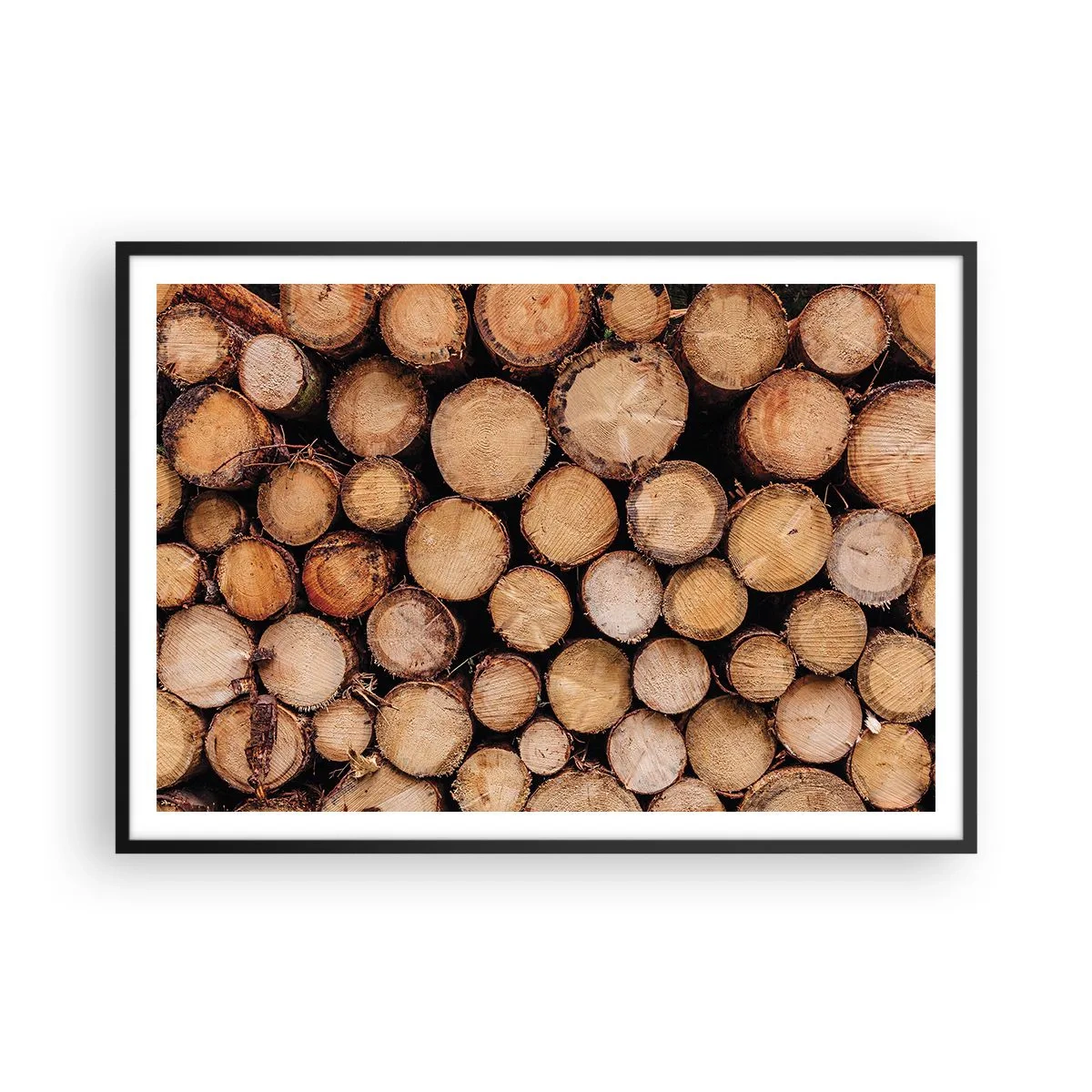 Poster in einem schwarzem Rahmen - Stapel gefällter Baumstämme in harmonischer Anordnung - 100x70cm - Ein neuer Anfang - Moderne Wanddekoration für Wohnzimmer und Schlafzimmer ARTTOR