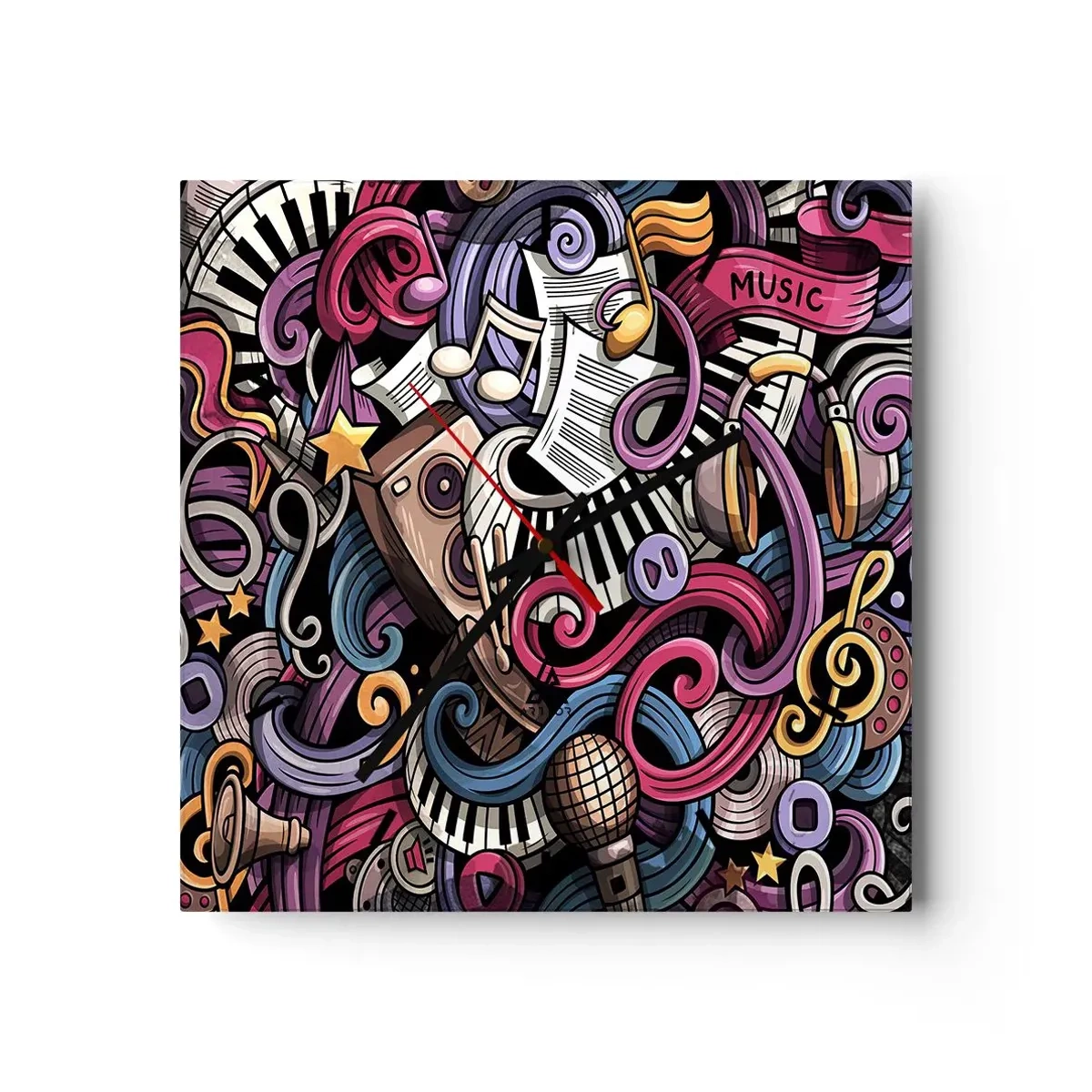 Wanduhr - Glasuhr - Eine musikalische Abstraktion voller farbenfroher Instrumente und Noten. - 30x30cm - Komplizierte Melodie - Moderne Wanddekoration für Wohnzimmer und Schlafzimmer ARTTOR