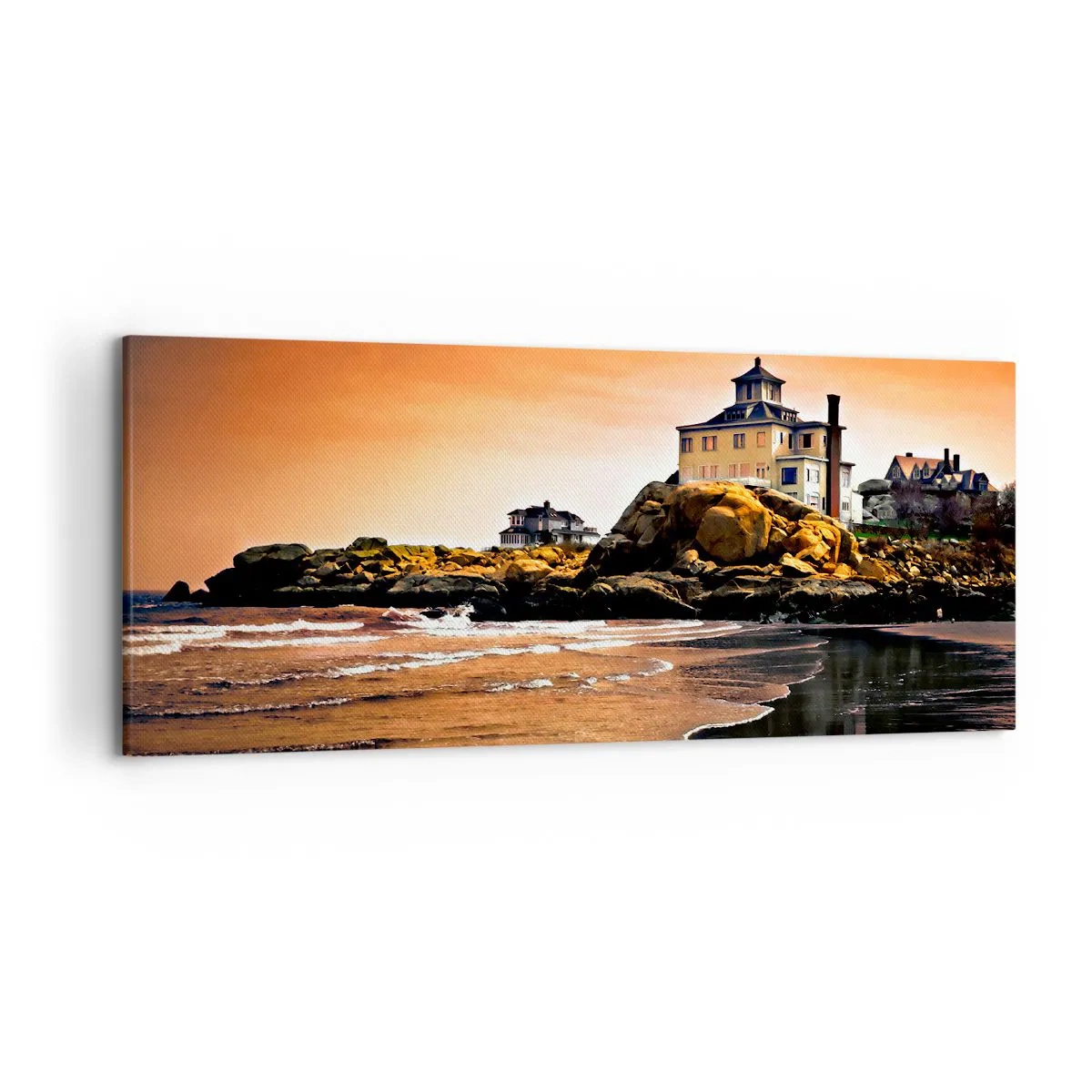 Bild auf Leinwand - Leinwandbild - Ein Haus auf einem Felsen am Strand bei Sonnenuntergang mit seiner Spiegelung im Wasser - 120x50cm - Eleganz der Westküste - Moderne Wanddekoration für Wohnzimmer und Schlafzimmer ARTTOR