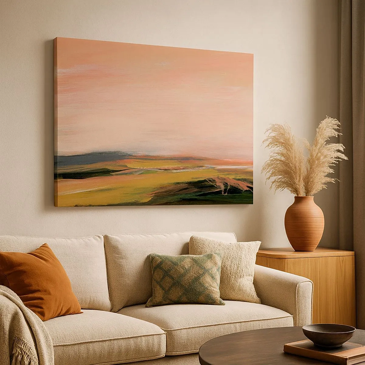 Bild auf Leinwand - Leinwandbild - Eine Landschaft in Rosa- und Goldtönen - 70x50cm - In Rosatönen - Moderne Wanddekoration für Wohnzimmer und Schlafzimmer ARTTOR
