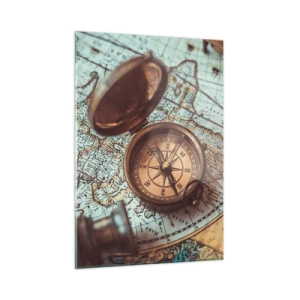Glasbild - Bild auf glas - Ein antiker Kompass vor dem Hintergrund einer Karte und antiker Schlüssel. - 50x70cm - Für den Abenteurer - Moderne Wanddekoration für Wohnzimmer und Schlafzimmer ARTTOR