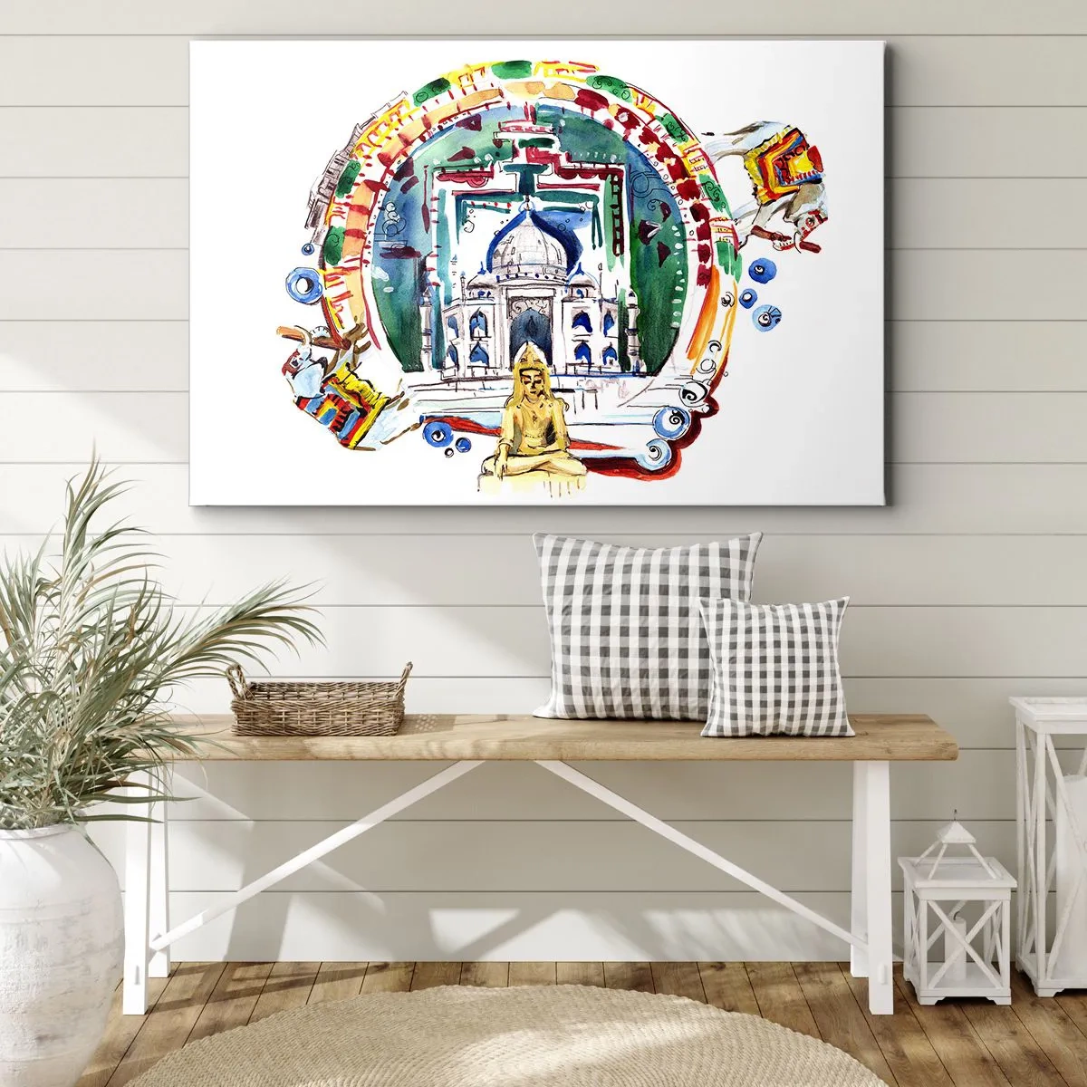 Bild auf Leinwand - Leinwandbild - Eine farbenfrohe Illustration der indischen Architektur - 70x50cm - Hinduistisches Weltgleichgewicht - Moderne Wanddekoration für Wohnzimmer und Schlafzimmer ARTTOR