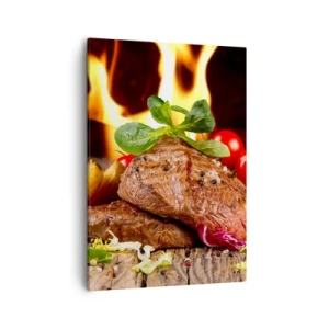 Bild auf Leinwand - Leinwandbild - Gegrilltes Steak mit Beilagen vor dem Hintergrund der Flammen - 50x70cm - Von Hitze gezaubert - Moderne Wanddekoration für Wohnzimmer und Schlafzimmer ARTTOR