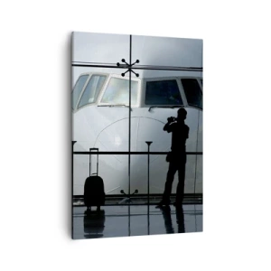 Bild auf Leinwand - Leinwandbild - Flughafen mit Silhouetten von Menschen und Blick auf das Flugzeug - 50x70cm - Vis a vis am Flughafen - Moderne Wanddekoration für Wohnzimmer und Schlafzimmer ARTTOR