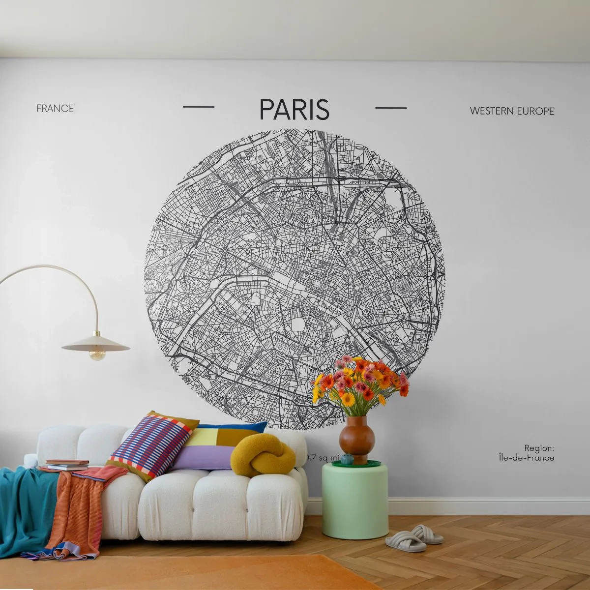 Fototapete Premium Sand - Eine Karte von Paris in Form eines Kreises auf weißem Hintergrund - 100x70cm - Anatomie von Paris - Moderne Wanddekoration für Wohnzimmer und Schlafzimmer ARTTOR