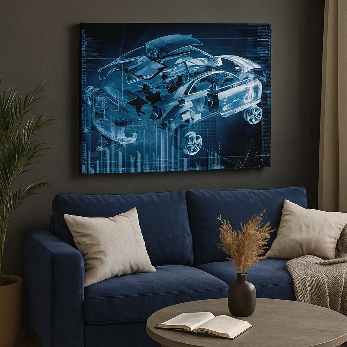 Bild auf Leinwand - Leinwandbild - Eine moderne technische Zeichnung eines Autos mit Strukturelementen - 70x50cm - Technische Anatomie - Moderne Wanddekoration für Wohnzimmer und Schlafzimmer ARTTOR