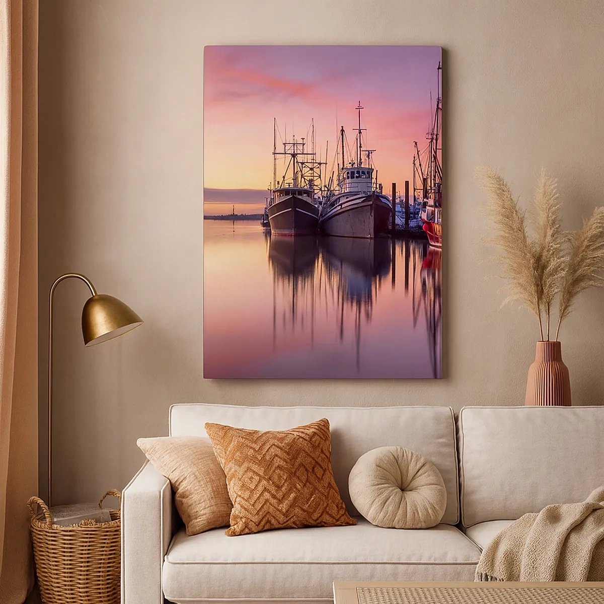 Bild auf Leinwand - Leinwandbild - Fischerboote im Hafen bei Sonnenuntergang - 50x70cm - Vor dem nächsten Tag - Moderne Wanddekoration für Wohnzimmer und Schlafzimmer ARTTOR