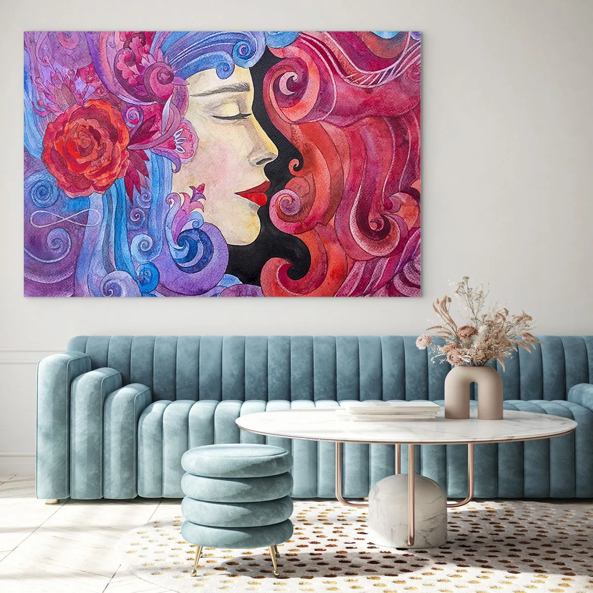 Glasbild - Bild auf glas - Farbenfrohes Frauenporträt im Jugendstil mit reicher Ornamentik - 70x50cm - Der Jugendstil lebt noch - Moderne Wanddekoration für Wohnzimmer und Schlafzimmer ARTTOR