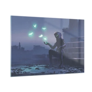 Glasbild - Bild auf glas - Eine Gestalt im Dunkeln, umgeben von schwebenden grünen Vögeln - 100x70cm - Das Leben wird zurückkommen - Moderne Wanddekoration für Wohnzimmer und Schlafzimmer ARTTOR