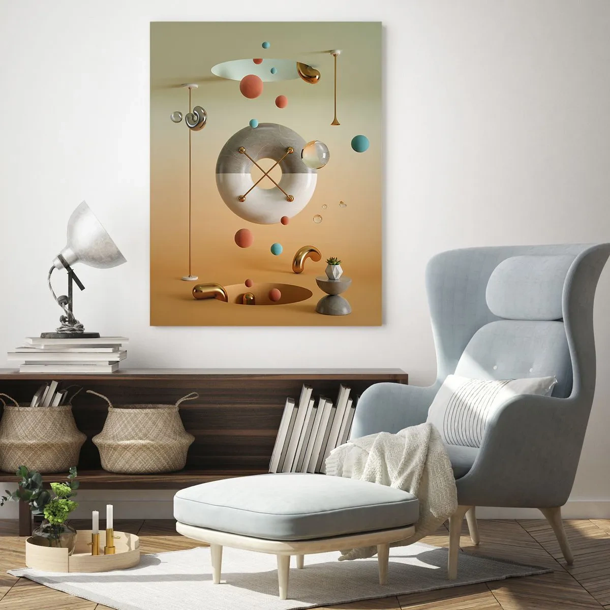 Glasbild - Bild auf glas - Geometrische Figuren in Pastellfarben in einem abstrakten Raum - 50x70cm - Alles kann passieren - Moderne Wanddekoration für Wohnzimmer und Schlafzimmer ARTTOR