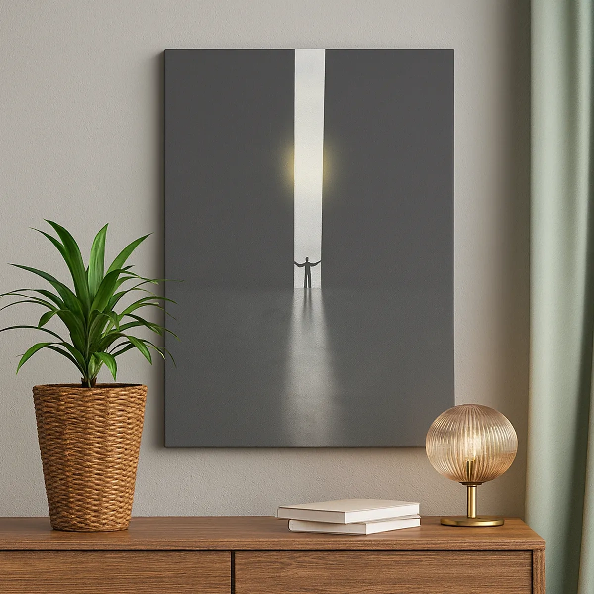 Bild auf Leinwand - Leinwandbild - Ein Mann steht im Licht eines schmalen Schlitzes in einem dunklen Raum - 50x70cm - Ein Schritt in eine strahlende Zukunft - Moderne Wanddekoration für Wohnzimmer und Schlafzimmer ARTTOR