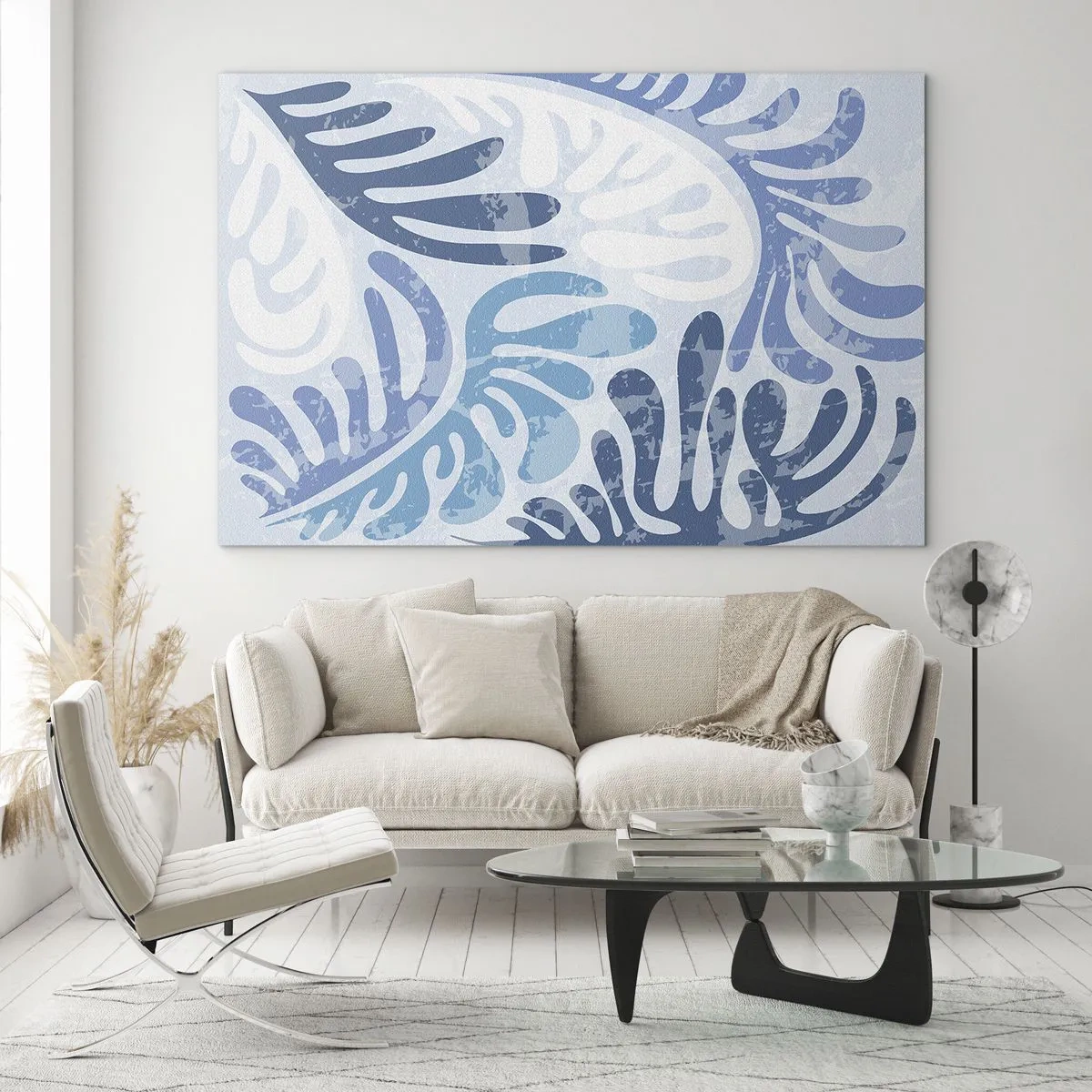 Glasbild - Bild auf glas - Dekorative Farnblätter in Blautönen auf hellem Untergrund - 70x50cm - Blaue Farne - Moderne Wanddekoration für Wohnzimmer und Schlafzimmer ARTTOR