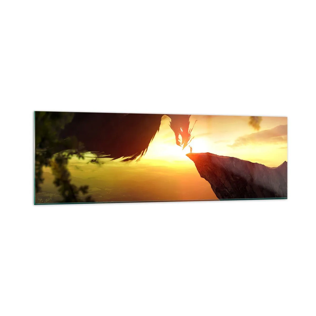 Glasbild - Bild auf glas - Ein Drache und ein Mann auf einem Felsen im Schein der untergehenden Sonne - 160x50cm - Drachentöter - Moderne Wanddekoration für Wohnzimmer und Schlafzimmer ARTTOR
