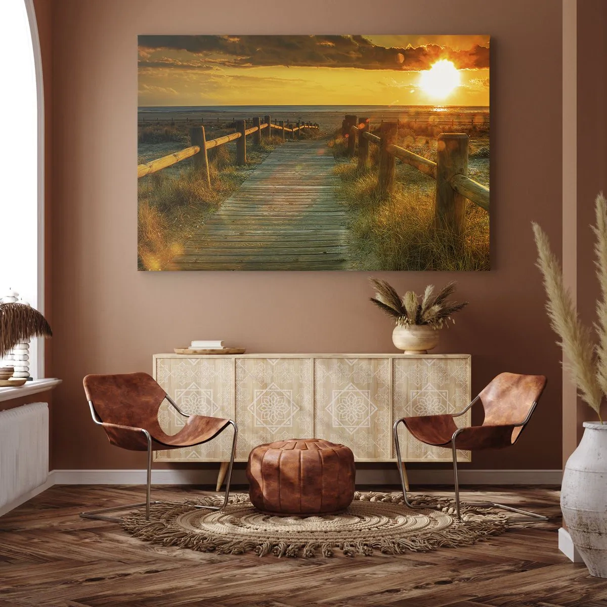 Bild auf Leinwand - Leinwandbild - Ein Holzweg, der im Schein der untergehenden Sonne zum Strand führt - 70x50cm - In altem Gold gebadet - Moderne Wanddekoration für Wohnzimmer und Schlafzimmer ARTTOR