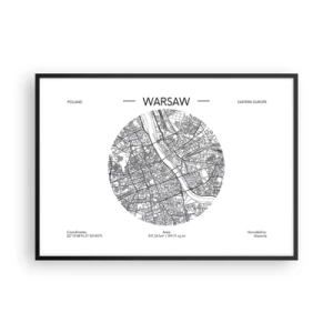 Poster in einem schwarzem Rahmen - Eine Karte von Warschau im minimalistischen Stil - 100x70cm - Anatomie von Warschau - Moderne Wanddekoration für Wohnzimmer und Schlafzimmer ARTTOR