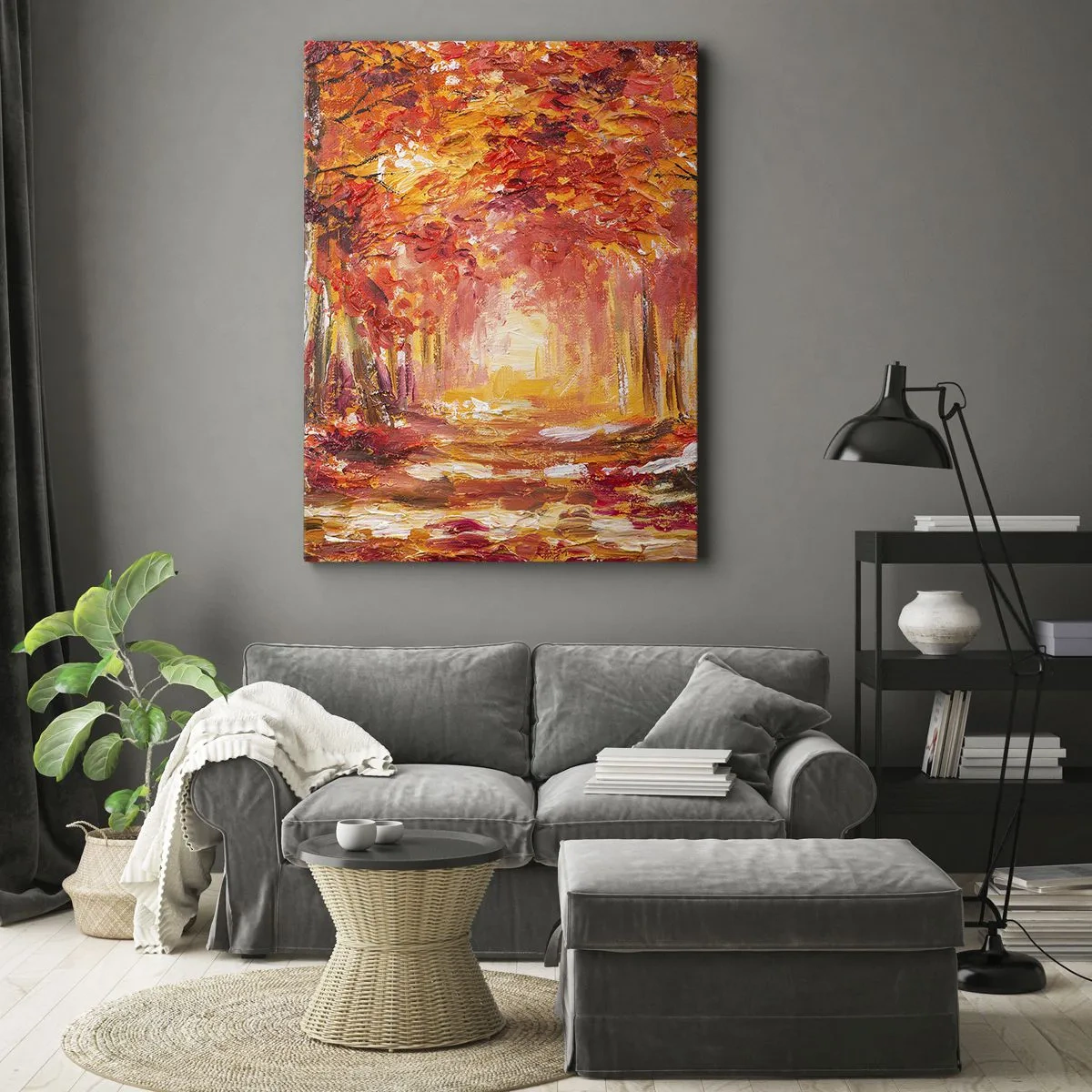 Bild auf Leinwand - Leinwandbild - Herbstwald in Kupfer- und Goldtönen - 80x120cm - Kupferwald - Moderne Wanddekoration für Wohnzimmer und Schlafzimmer ARTTOR