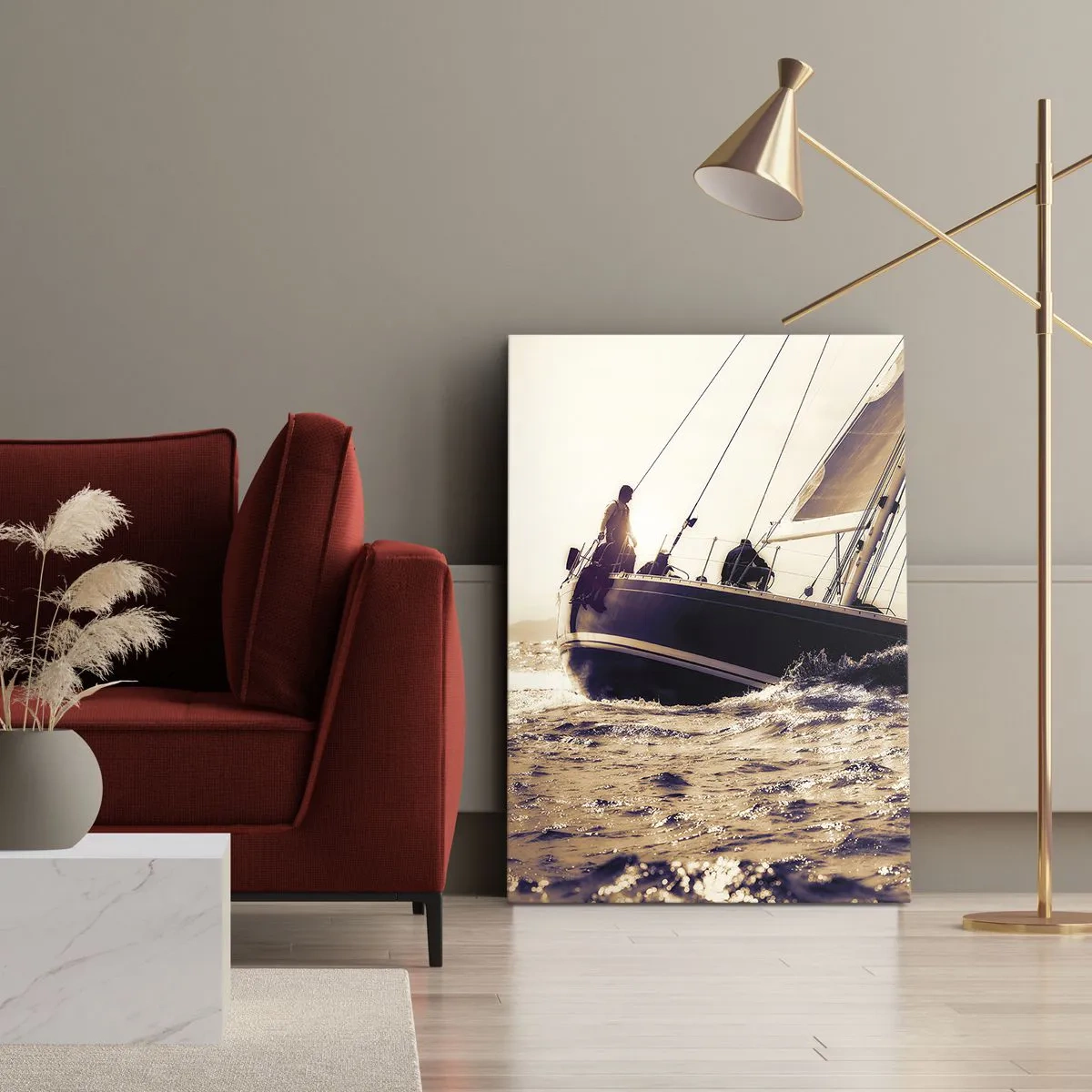Bild auf Leinwand - Leinwandbild - Eine Yacht auf stürmischer See im Licht der untergehenden Sonne - 80x120cm - Segle, Seemann - Moderne Wanddekoration für Wohnzimmer und Schlafzimmer ARTTOR