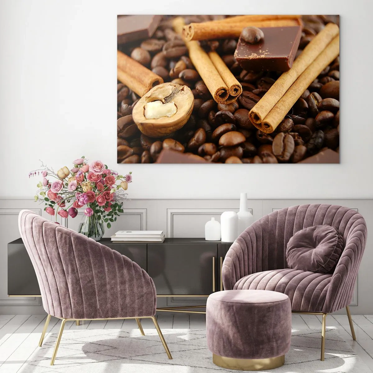 Glasbild - Bild auf glas - Nahaufnahme von Kaffee, Zimt, Schokolade und Walnüssen - 70x50cm - Konzert der Aromen - Moderne Wanddekoration für Wohnzimmer und Schlafzimmer ARTTOR