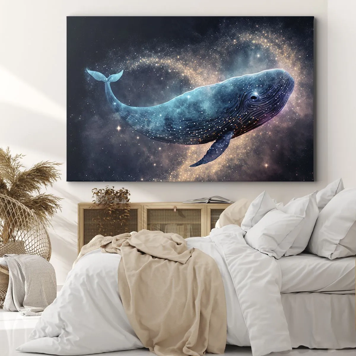 Bild auf Leinwand - Leinwandbild - Ein Weltraumwal mit einer Galaxie im Hintergrund - 70x50cm - Es gibt so eine Welt… - Moderne Wanddekoration für Wohnzimmer und Schlafzimmer ARTTOR