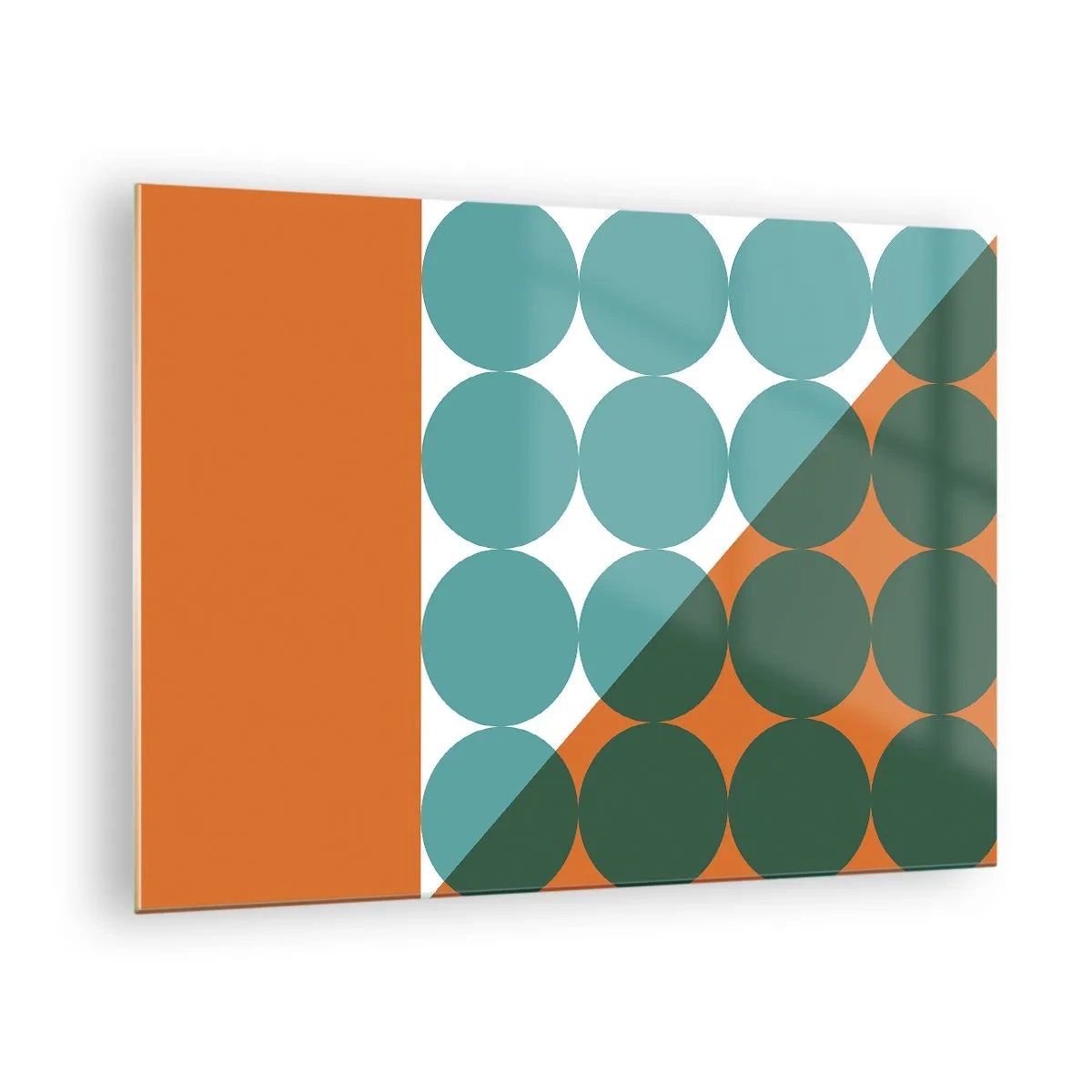 Glasbild - Bild auf glas - Abstrakte geometrische Komposition mit Kreisen und einem Dreieck - 70x50cm - Nach oben und schräg - Moderne Wanddekoration für Wohnzimmer und Schlafzimmer ARTTOR