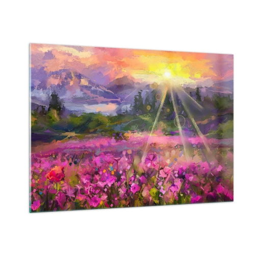Glasbild - Bild auf glas - Ein malerisches Tal voller Blumen, beleuchtet von den Sonnenstrahlen - 100x70cm - Im Tal unter dem Schutz der Sonne - Moderne Wanddekoration für Wohnzimmer und Schlafzimmer ARTTOR