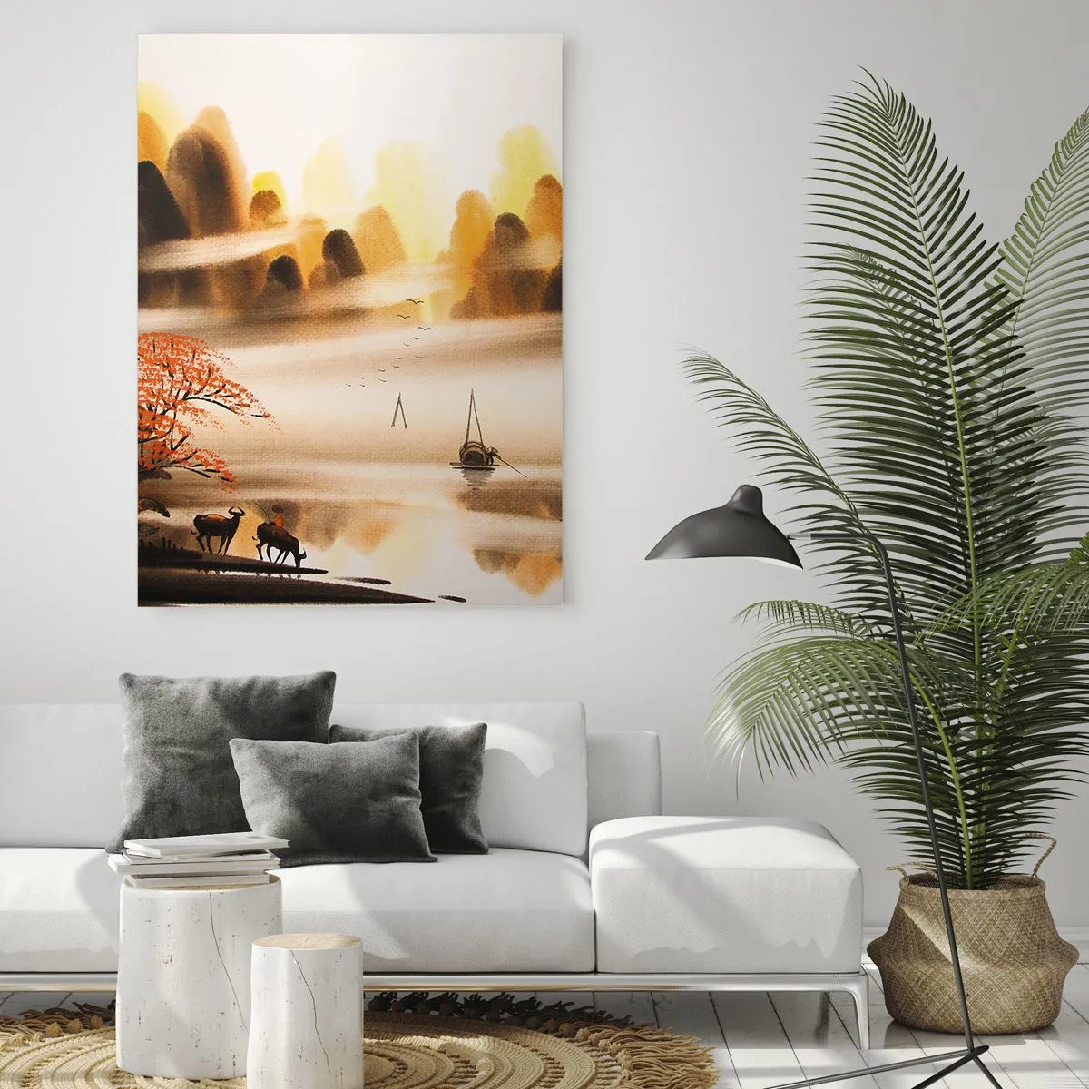 Glasbild - Bild auf glas - Eine orientalische Landschaft mit Fluss, Bergen und sanftem Nebel. - 70x100cm - Weiter als im Fernosten - Moderne Wanddekoration für Wohnzimmer und Schlafzimmer ARTTOR