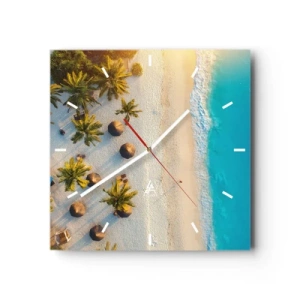 Wanduhr - Glasuhr - Blick auf einen tropischen Strand mit Palmen und türkisfarbenem Meer - 30x30cm - Willkommen im Paradies - Moderne Wanddekoration für Wohnzimmer und Schlafzimmer ARTTOR
