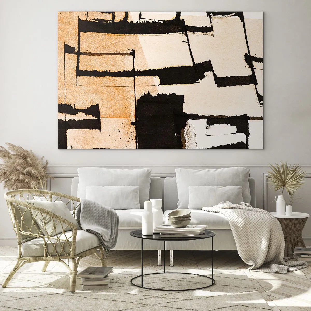 Glasbild - Bild auf glas - Geometrische Abstraktion in Beige- und Schwarztönen - 120x80cm - Also doch Ordnung - Moderne Wanddekoration für Wohnzimmer und Schlafzimmer ARTTOR