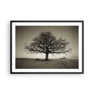 Poster in einem schwarzem Rahmen - Ein einsamer Baum in einem Sepia-Feld - 70x50cm - Von hier zu Ewigkeit - Moderne Wanddekoration für Wohnzimmer und Schlafzimmer ARTTOR