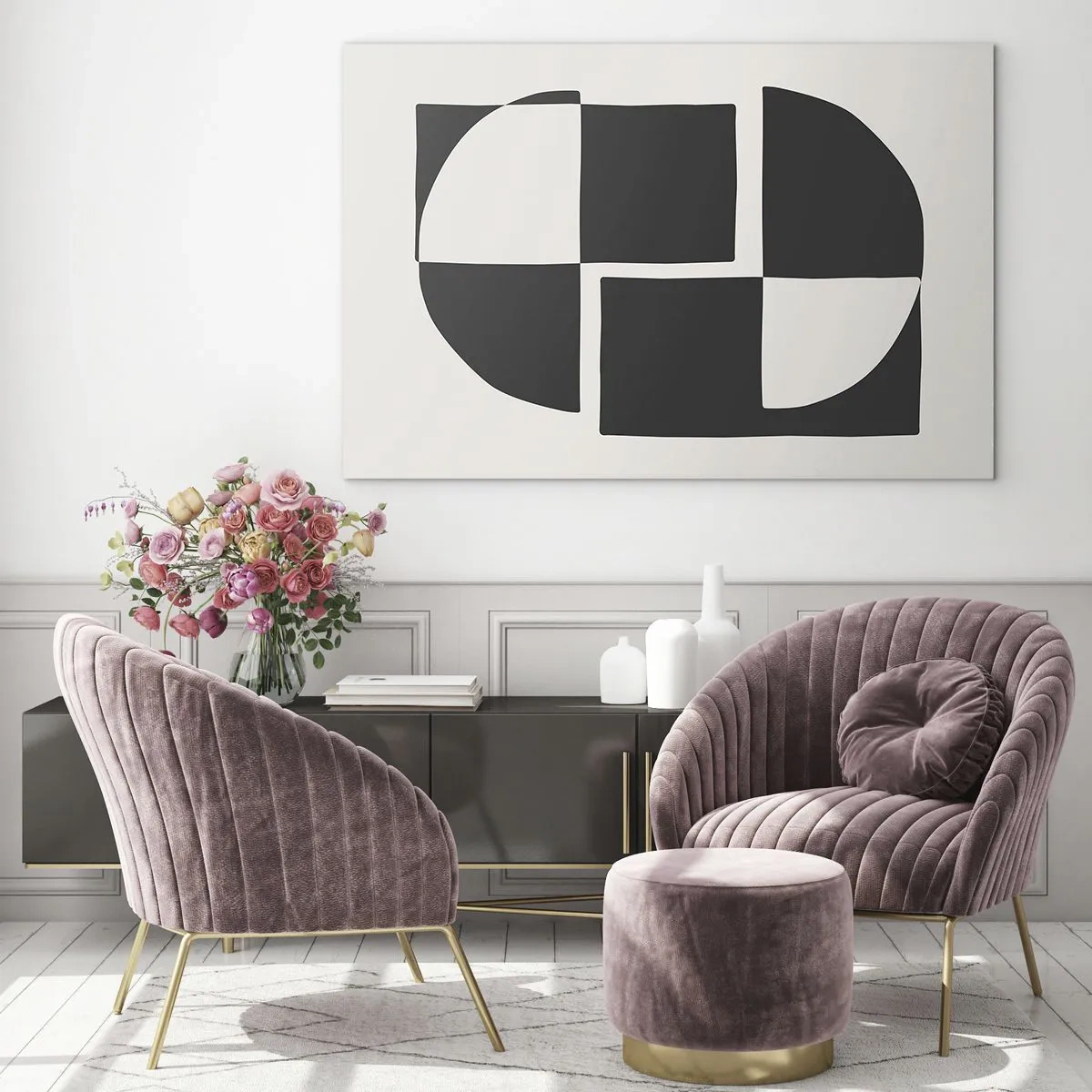 Glasbild - Bild auf glas - Geometrische Komposition aus schwarzen und weißen Formen - 70x50cm - Antithese - Synthese - Moderne Wanddekoration für Wohnzimmer und Schlafzimmer ARTTOR
