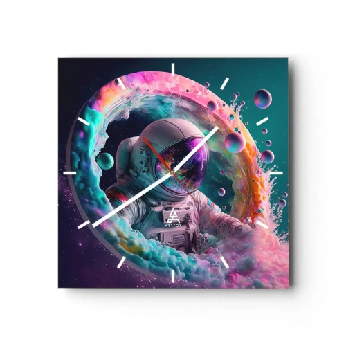 Wanduhr - Glasuhr - Astronaut in einer farbenfrohen kosmischen Aura - 30x30cm - Sternentor - Moderne Wanddekoration für Wohnzimmer und Schlafzimmer ARTTOR