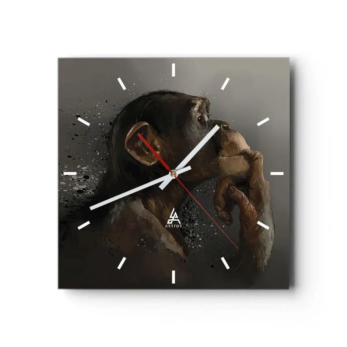 Wanduhr - Glasuhr - Porträt eines Affen in nachdenklicher Pose vor grauem Hintergrund - 30x30cm - Sicherlich ein Denker - Moderne Wanddekoration für Wohnzimmer und Schlafzimmer ARTTOR