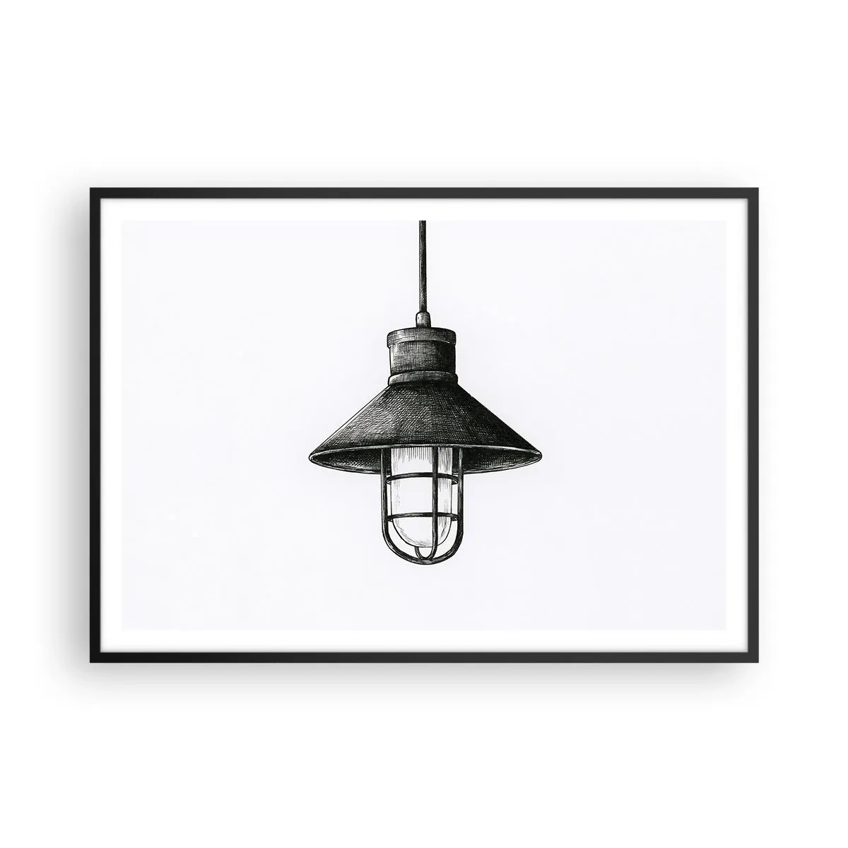Poster in einem schwarzem Rahmen - Zeichnung einer Retro-Hängelampe auf weißem Hintergrund - 100x70cm - Wie vor Jahren… - Moderne Wanddekoration für Wohnzimmer und Schlafzimmer ARTTOR
