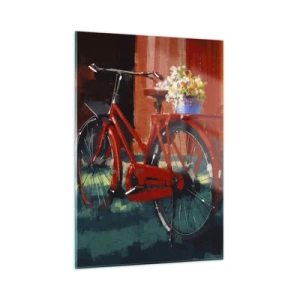 Glasbild - Bild auf glas - Ein rotes Fahrrad mit Blumen vor einem roten Gebäude - 50x70cm - Ich möchte mit meinem Fahrrad fahren - Moderne Wanddekoration für Wohnzimmer und Schlafzimmer ARTTOR