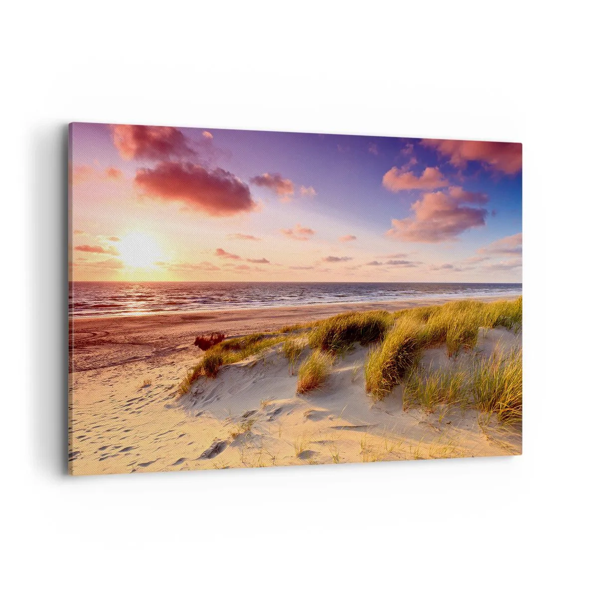 Bild auf Leinwand - Leinwandbild - Ein grasbewachsener Strand und ein Sonnenuntergang über einem ruhigen Meer - 100x70cm - Die Luft riecht schon im Sommer - Moderne Wanddekoration für Wohnzimmer und Schlafzimmer ARTTOR