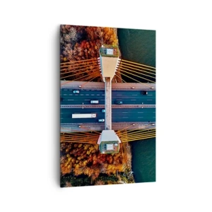 Bild auf Leinwand - Leinwandbild - Luftaufnahme der Brücke über den Fluss und der Herbstlandschaft - 80x120cm - Jenseits der Gewässer, jenseits der Wälder - Moderne Wanddekoration für Wohnzimmer und Schlafzimmer ARTTOR