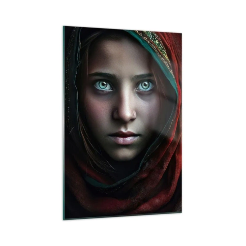 Glasbild - Bild auf glas - Porträt einer Frau mit intensivem Blick in warmen Farben - 70x100cm - Prinzessin aus dem Osten - Moderne Wanddekoration für Wohnzimmer und Schlafzimmer ARTTOR