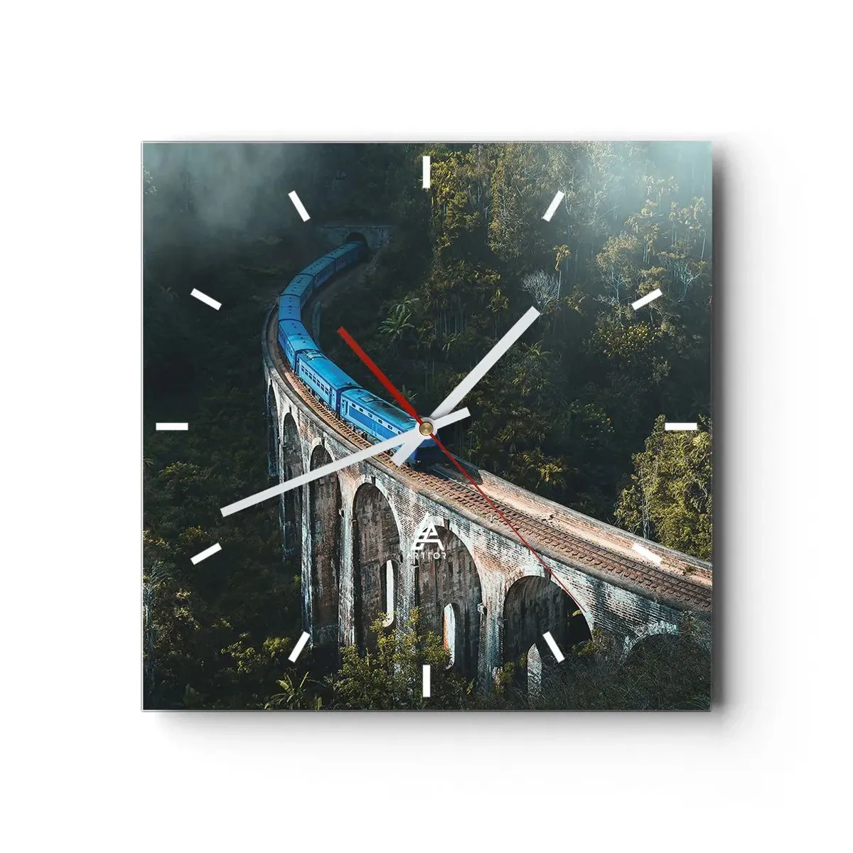 Wanduhr - Glasuhr - Ein blauer Zug auf einem historischen Viadukt inmitten der Wälder - 30x30cm - Neigung zur Natur - Moderne Wanddekoration für Wohnzimmer und Schlafzimmer ARTTOR
