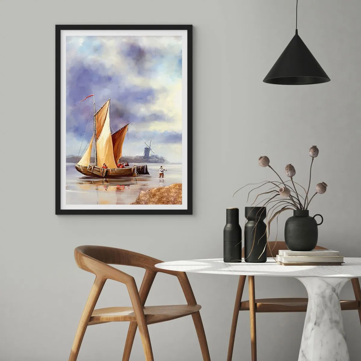 Poster in einem schwarzem Rahmen - Ein Segelschiff am Ufer mit einer Windmühle im Hintergrund - 50x70cm - Die Rückkehr der Seeleute - Moderne Wanddekoration für Wohnzimmer und Schlafzimmer ARTTOR